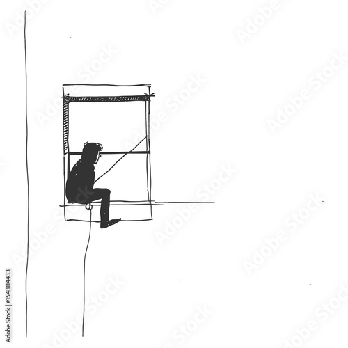 Minimalist Silhouette of Man Escaping from Window with Rope – Line Art Urban Survival Scene
