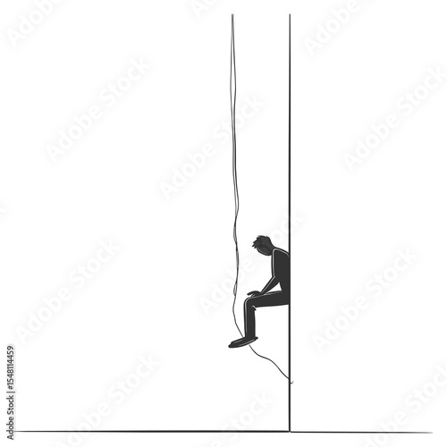 Minimalist Silhouette of Man Escaping Through Rope from a Building – Urban Survival Concept