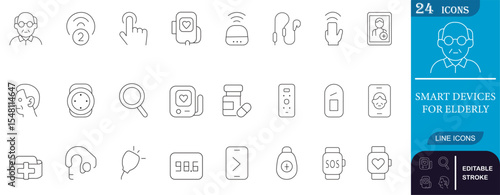 Minimal line icons of smart wearable and assistive devices designed for elderly care—perfect for medical apps, healthcare UI, and senior-friendly technology visuals.