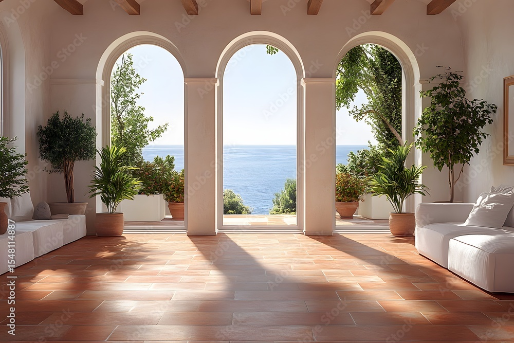 Fototapeta premium Tuscan-inspired living area with seaside orchard