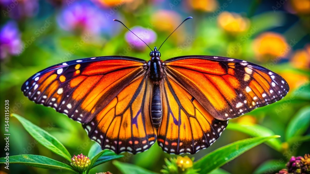 Monarch Butterfly, Open Wings, Lush Garden Closeup Monarch Butterfly, Open Wings, Lush Garden Closeup