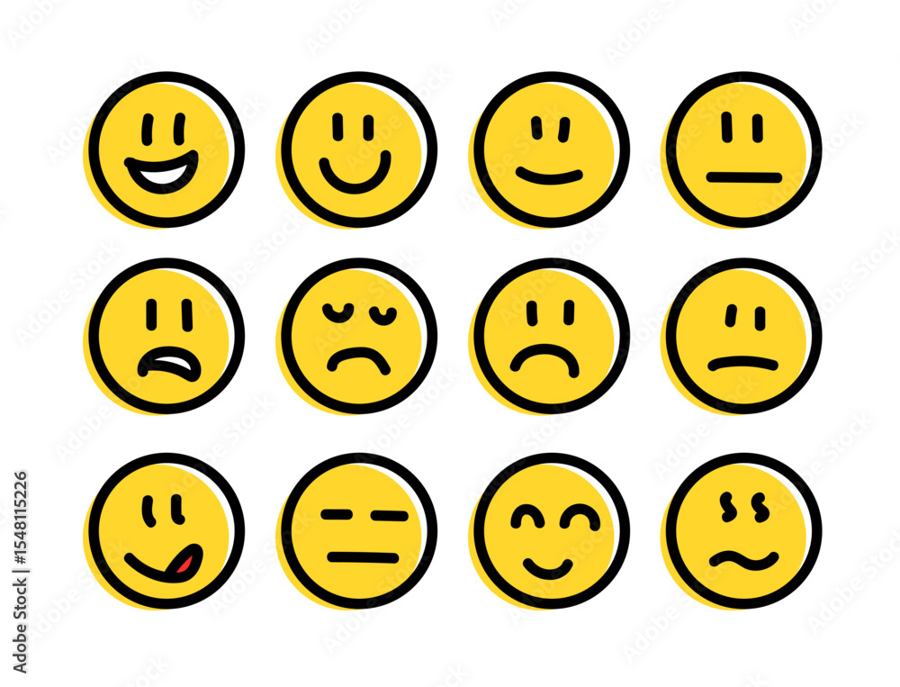 Fototapeta premium Cartoon Yellow Emoji Faces – Vector Set of Hand-Drawn Emoticons