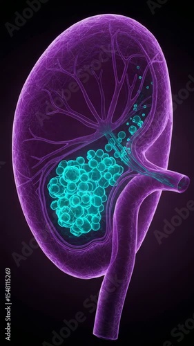 Vivid anatomical illustration depicting a gallbladder and its gallstones in detail.