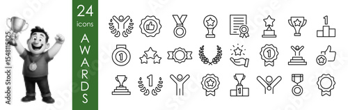 Award and Achievement Icon Set with Halftone Winner – 24 Trophy and Medal Vector Symbols