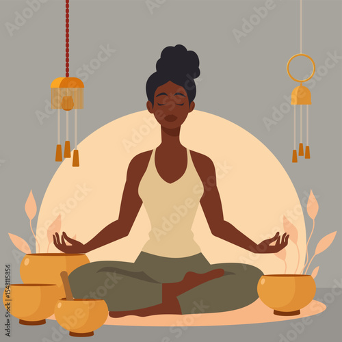 Black woman having a sound bath with Tibetan singing bowls for stress management or anxiety relief. African American person practicing self care with meditation for mindfulness and good mental health