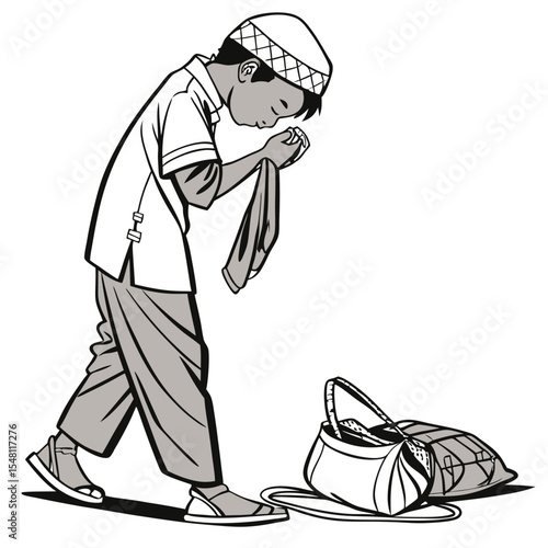 Young boy in prayerful posture, carrying a bag