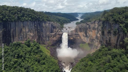Aerial Forest waterfall and river. nature, river, falls, landscape, rock, mountain, fall, mountains, cascade, green, stream, yosemite, forest, park, waterfalls, travel, stone, tree, summer.
