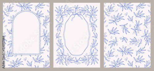 olives branch mediterranean set of cards , cover with seamless pattern, frame, bow, ribbon, decoration for restaurant menu, cafe, Amalfi, creative vector illustration, wallpaper, wrapping paper