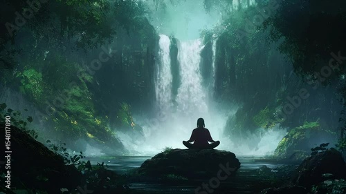 Serene figure meditates before a lush waterfall