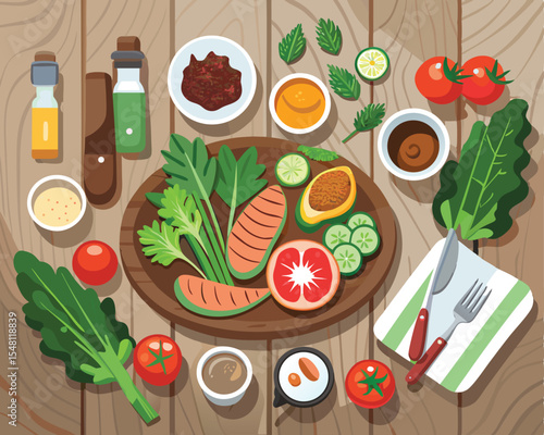 Healthy paleo meal featuring grilled meat and fresh  vegetables vector art design 