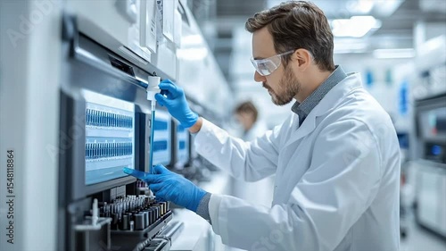 Scientist in lab coat operates advanced lab equipment