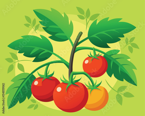 Healthy tomato plant with ripe red tomatoes hanging on top vector art design 