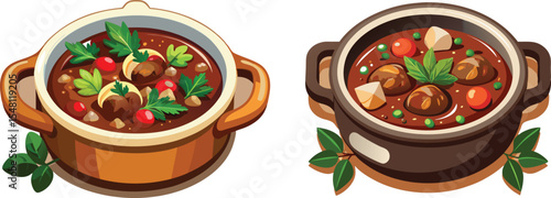 Hearty braised dish with tender meat and rich sauce vector art design set