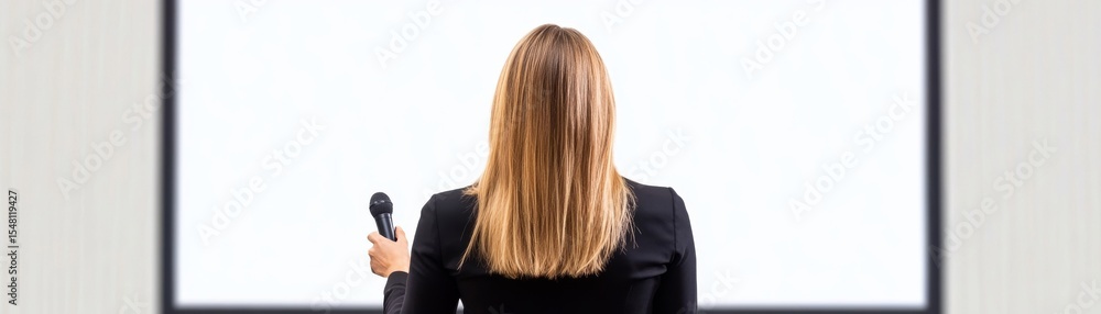 Naklejka premium Woman Giving a Presentation on Stage, microphone , speaker