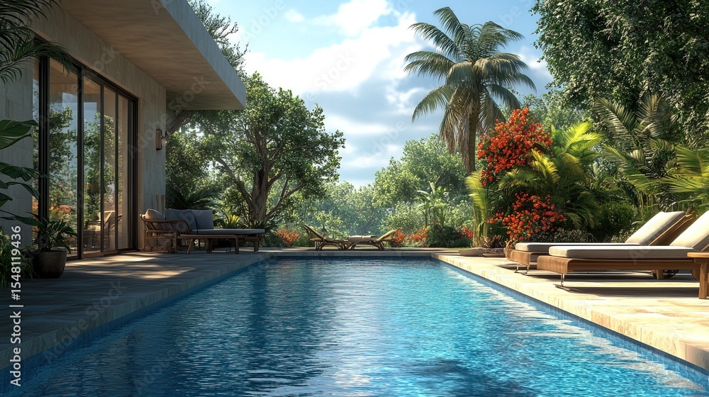 Fototapeta premium Luxury Indoor-Outdoor Pool Lounge Surrounded by Nature