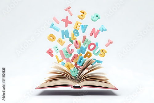Colorful Letters and Numbers Emerging from an Open Book: A Whimsical Educational Scene
