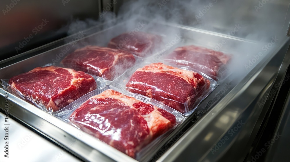 Conveyor segment showing vacuum bags of raw meat entering a steaming sealing chamber Conveyor segment showing vacuum bags of raw meat entering a steaming sealing chamber