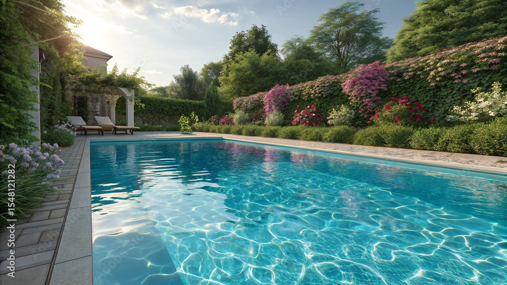 Obraz premium Experience ultimate relaxation at this luxury resort's tropical pool, where palm trees frame the sparkling water under a summer sky, inviting you for a refreshing swim during your vacation
