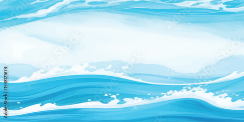 Vector Style Big Ocean Wave Texture with Blue Gradient, Transparent Flow Effects, and Detailed White Water Foam, Calm Watercolor Ocean Illustration with Aqua Blue Splash, Gentle Curved Waves