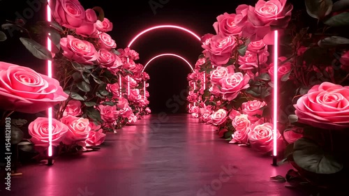 Vibrant pink roses with glowing neon lights display
