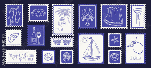 Vector illustration summer mediterranean postage stamps. Vacation in Italy. Sticker with print with image of lemons, sardine, lobster, crab, boat, cocktail, shrimp for poster, placard or print.