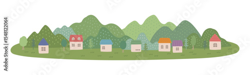 田舎の山々と家の背景イラスト
