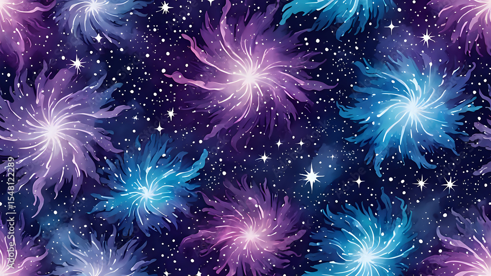 Fototapeta premium Watercolor galaxy scene with bursts of blue and purple light star clusters and nebulae on a dark night sky background