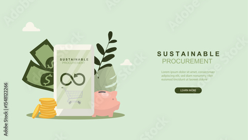 Sustainable Procurement concept. Web banner template featuring sustainable procurement mobile app with money, piggy bank, and eco elements for green business websites. Vector illustration