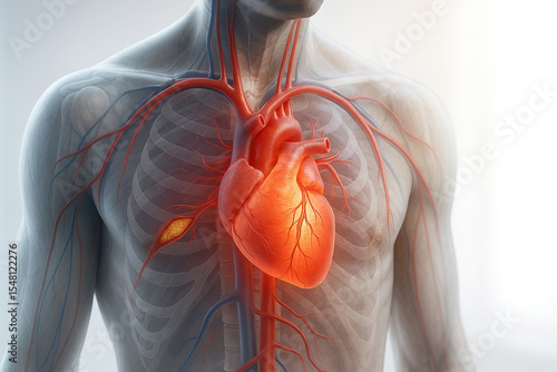 Human heart anatomy with blood vessels and rib cage visible inside chest, showing cardiovascular system and circulatory pathways in medical illustration