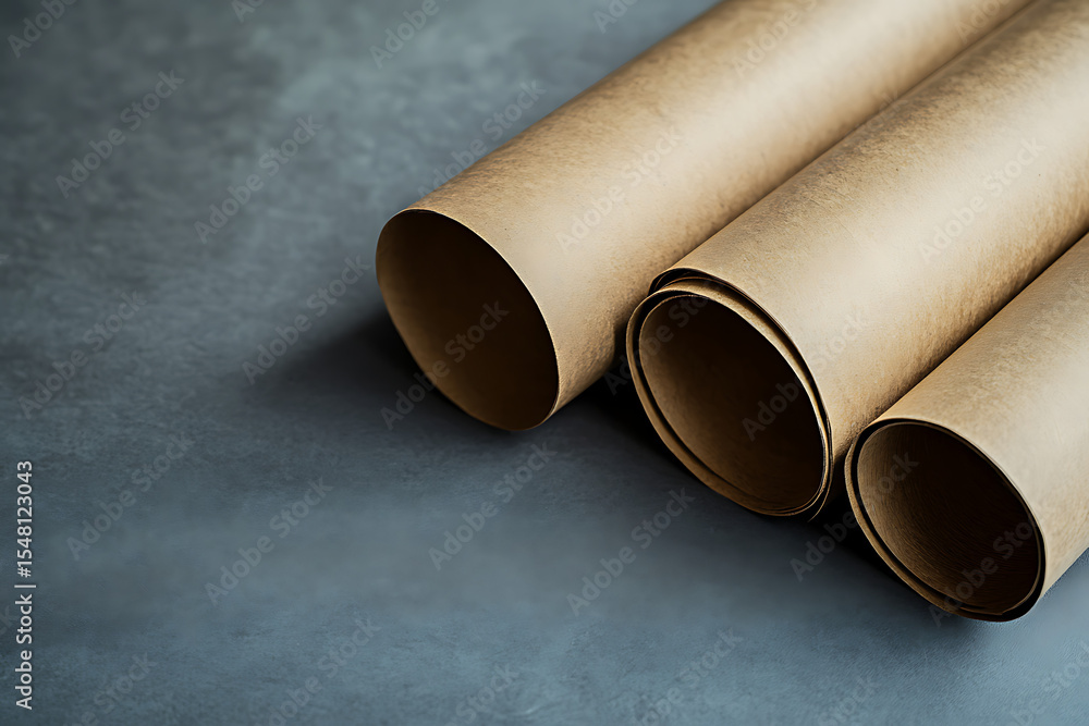 Fototapeta premium Collection of three natural kraft paper rolls or tubes in varying sizes on a distressed gray surface, great for illustrating sustainable packaging and creative storage mockup