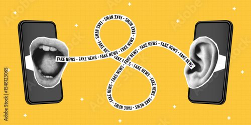 Halftone collage banner with two smartphones and mouth speaks into ear and strip with text - fake news. Halftone collage poster. Concept of fake news, disinformation or propaganda. Vector