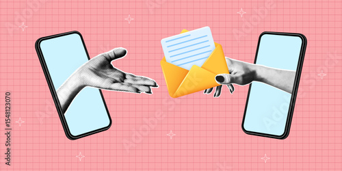 Collage banner with two smartphones and halftone hand passes letter to recipient. Hand holding 3d envelope and gives it from smartphone screen. New message, email, mailing list. Vector