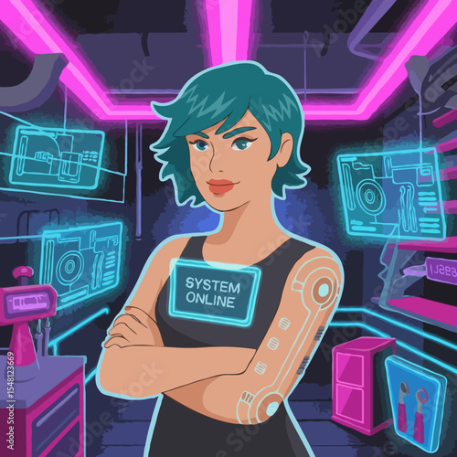 Confident young woman with a bionic arm standing with arms crossed in a futuristic neon-lit workshop.
