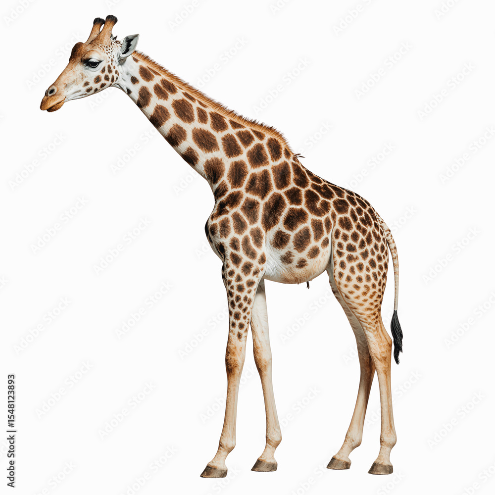 Obraz premium Graceful Giraffe in the Wilderness: A majestic giraffe stands tall, its unique spotted coat a testament to the wonders of the wild, set against a background that accentuates its towering stature.