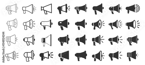 Megaphone icon set, loudspeaker symbol, announcement and advertising vector illustration, business promotion sign, megaphone logo design with sound on transparent background