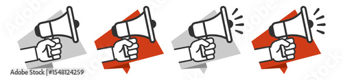 Hand holding megaphone icon, announcement symbol, loudspeaker illustration, protest and promotion sign, marketing concept, vector design, isolated on transparent background