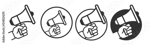 Hand holding megaphone icon, announcement symbol, loudspeaker illustration, protest and promotion sign, marketing concept, vector design, isolated on transparent background