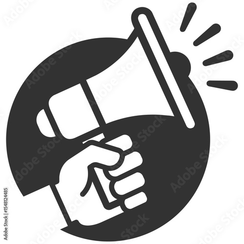 Hand holding megaphone icon, announcement symbol, loudspeaker illustration, protest and promotion sign, marketing concept, vector design, isolated on transparent background