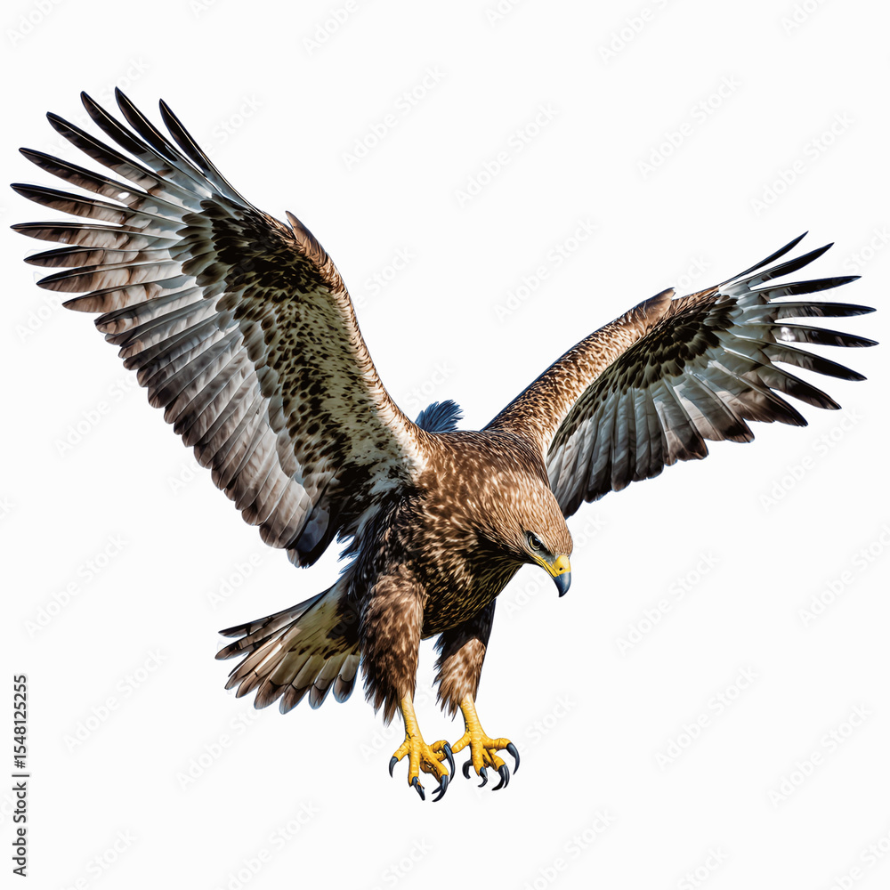 Obraz premium Majestic Eagle in Flight: A stunning image captures the dynamic movement of a majestic eagle in full flight, with its powerful wings spread wide against the sky.