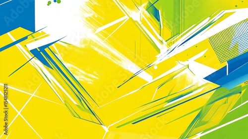 A bold high-energy hexagonal design in bright yellow lime green and electric blue with sharp contrasting lines and angles