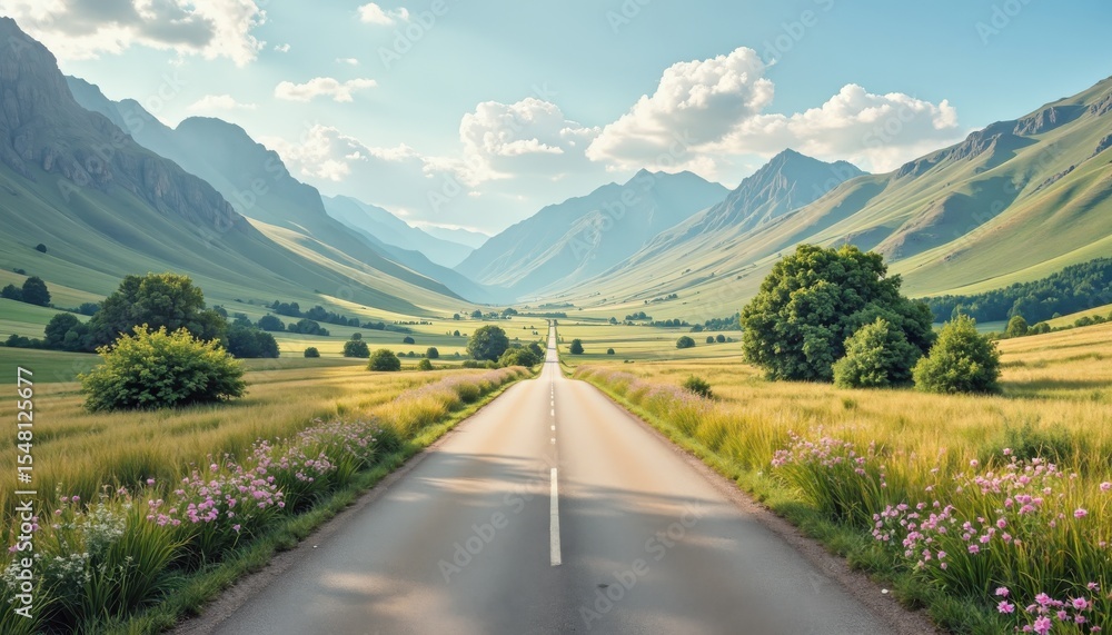 Obraz premium Scenic road journey through majestic mountains beautiful valley landscape nature photography daytime panoramic view
