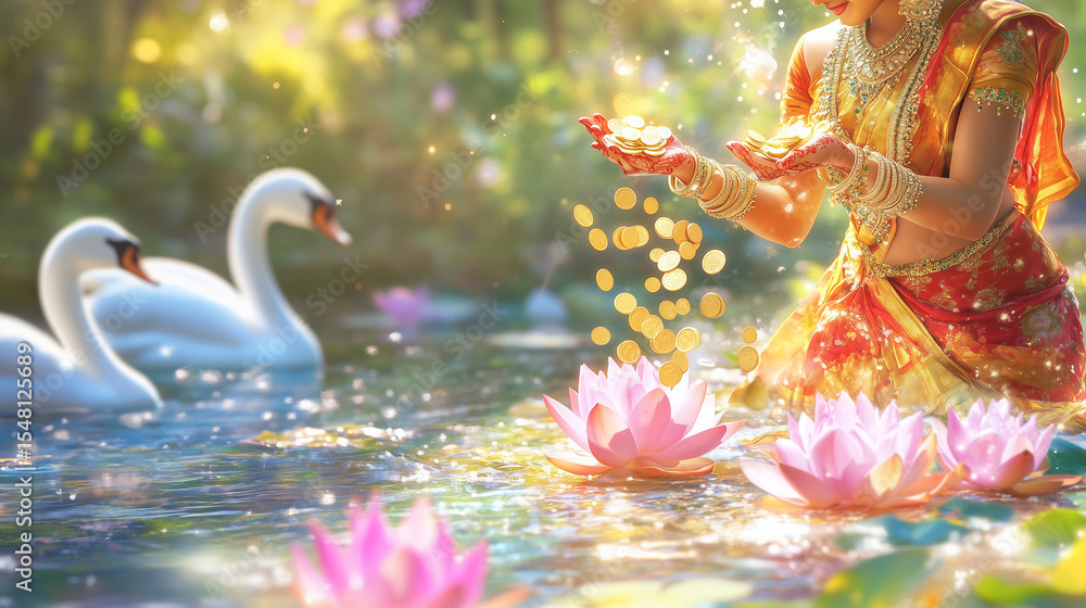 Obraz premium Swan swimming in lily pad pond next to an woman sprinkling gold dust, divine lake scene of culture and peace