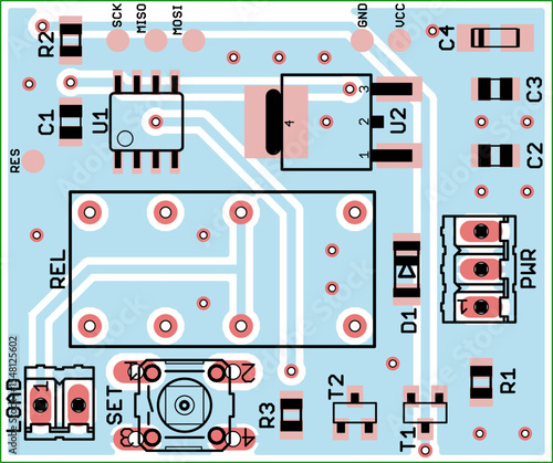 Vector printed circuit board of electronic 
device with components set of radio elements, 
conductors and contact pads placed on pcb. 
Engineering technic drawing. Electric background.
Cad design.