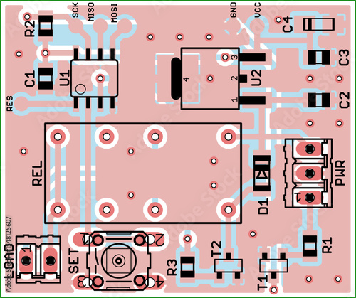 Vector printed circuit board of electronic 
device with components set of radio elements, 
conductors and contact pads placed on pcb. 
Engineering technic drawing. Electric background.
Cad design.