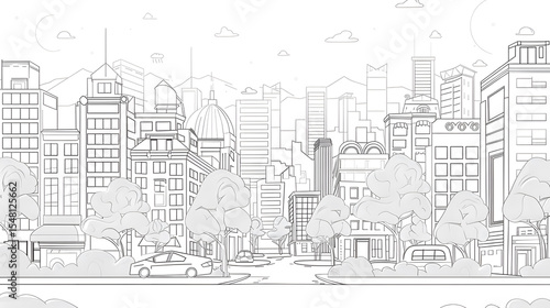 Wallpaper Mural Monochrome Cityscape Line Art Drawing Grey Trees Cars Buildings Skyline skyscrapers Torontodigital.ca