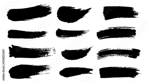 Different brush strokes in black paint on a white background. Brush strokes vector collection featuring clean, textured. Black ink brush strokes collection isolated on white background. 