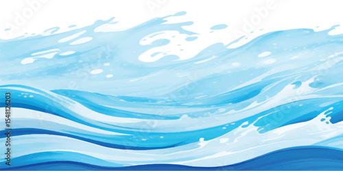 Minimalist Blue Ocean Background with Watercolor Texture and Gentle White Highlights in Flat Transparent Style, Realistic Aqua Blue Water Surface Texture with Transparent Wave Layers