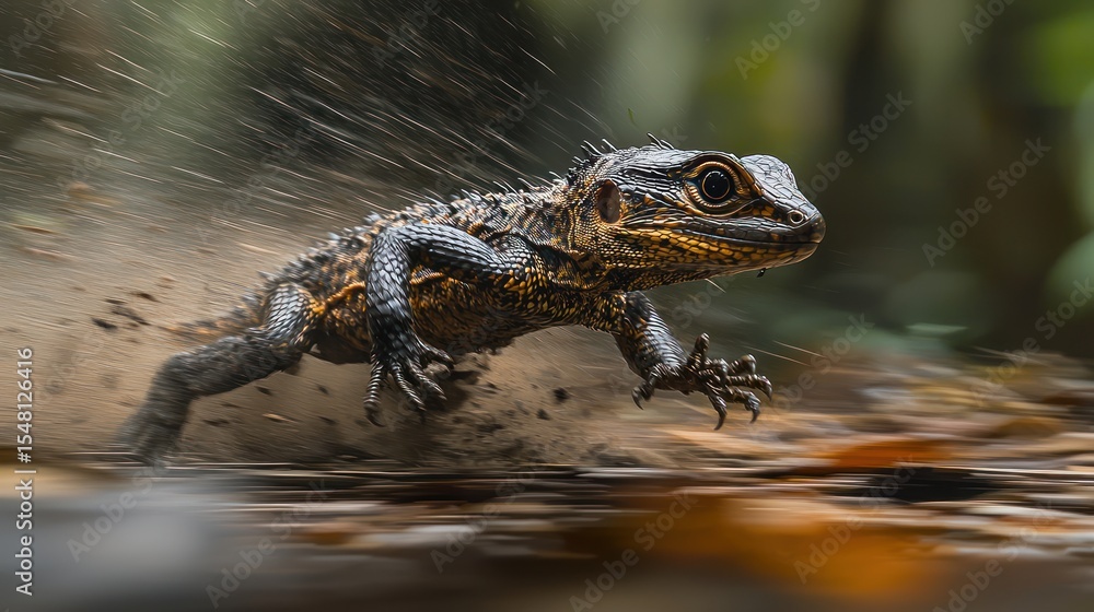 Naklejka premium Lizard running in forest floor, action shot, nature scene, wildlife