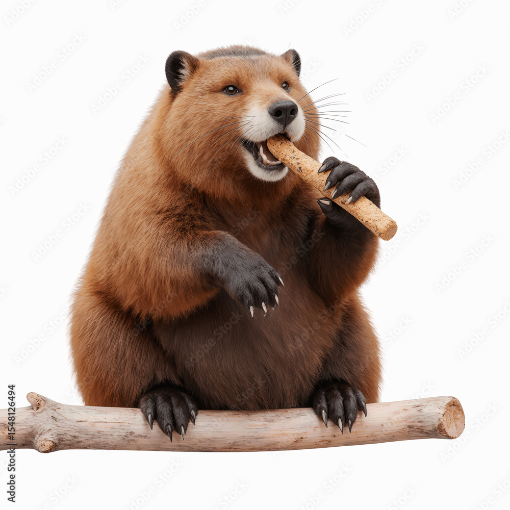 Fototapeta premium Happy Beaver Snacking: A chubby beaver sits on a branch, happily munching on a stick. Its fur is a rich, reddish-brown, and its expression is one of pure contentment.