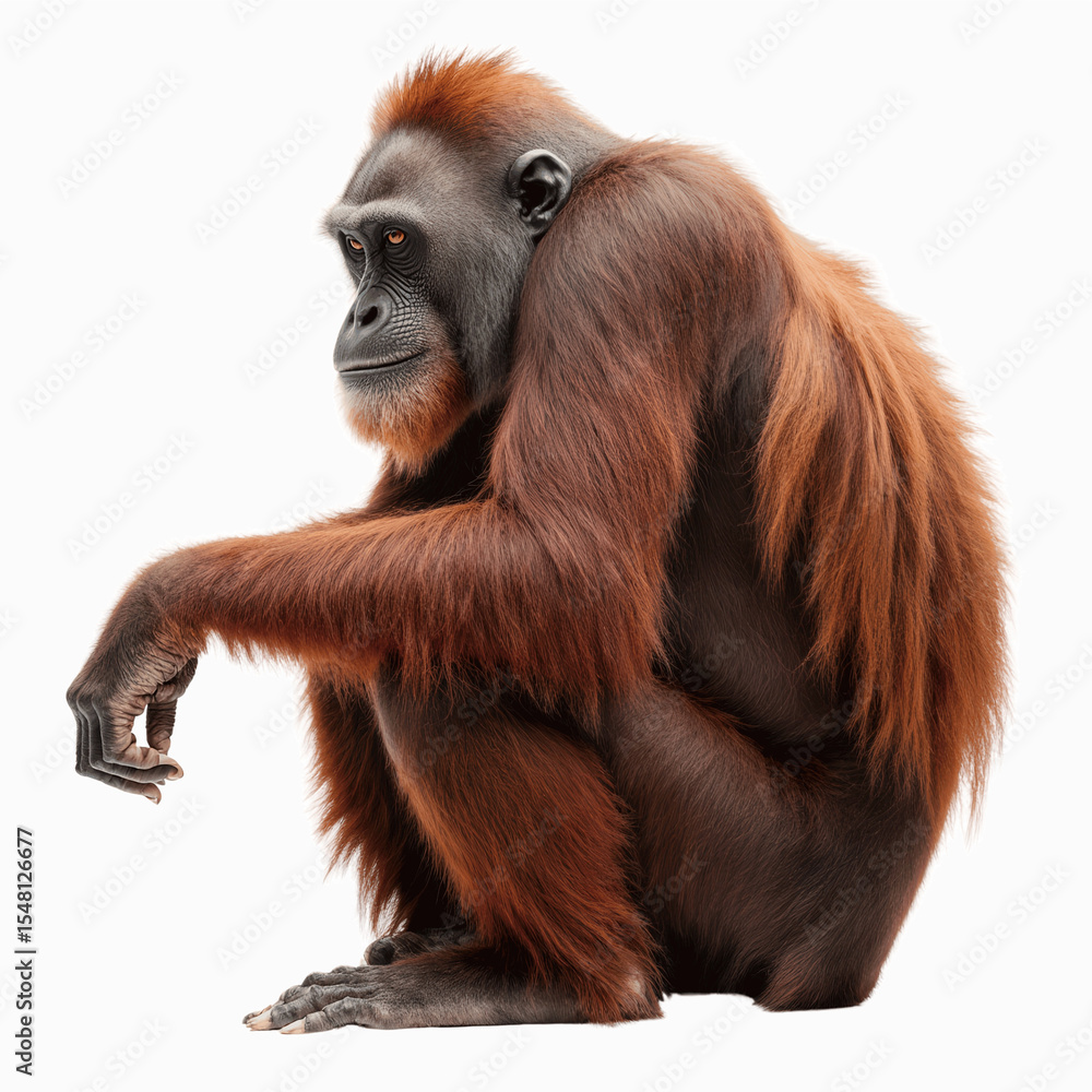 Fototapeta premium Orangutan: An orangutan sits thoughtfully, its reddish-brown fur a striking contrast against its surroundings, showcasing the primate's thoughtful gaze and textured fur.